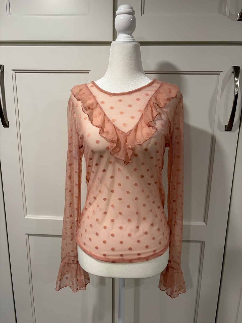 Sheer Mesh Polka Dot Ruffle Top